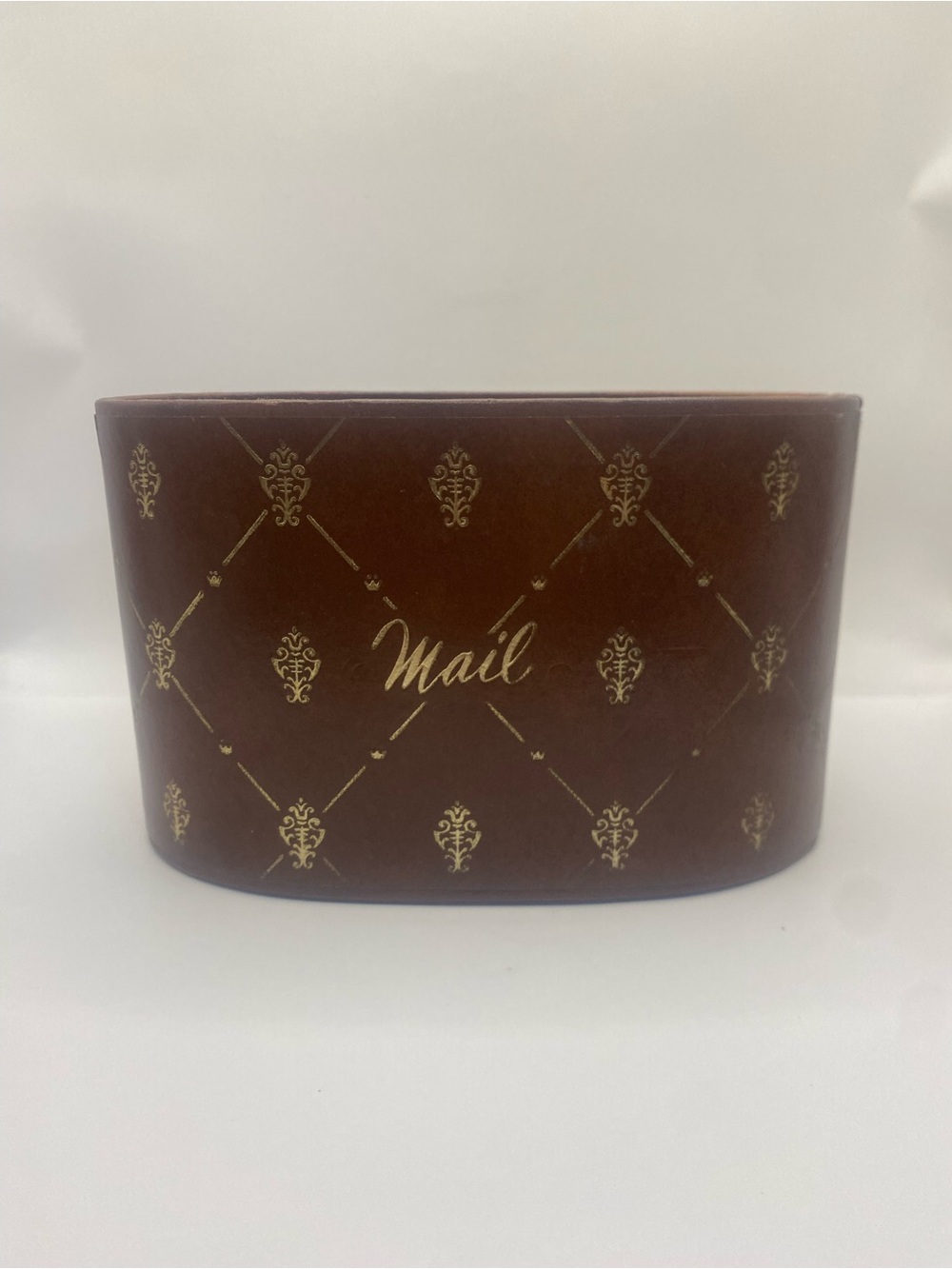 Vintage MCM Brown Fleur De Lis Mail Holder Desk Organizer Letter Box 4.5”x7”